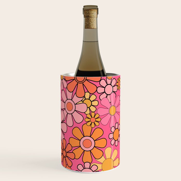 Groovy Retro Floral Garden Pretty Pink 60s 70s Flower Pattern with Yellow and Orange Wine Chiller Gallery Image 2