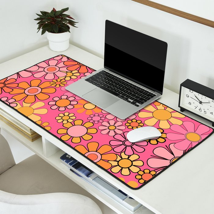 Groovy Retro Floral Garden Pretty Pink 60s 70s Flower Pattern with Yellow and Orange Desk Mat Gallery Image 2