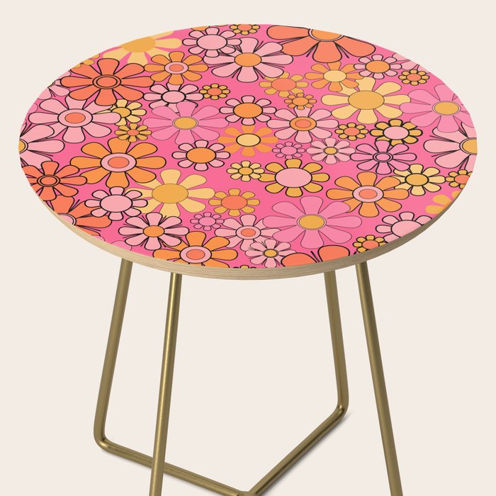 Groovy Retro Floral Garden Pretty Pink 60s 70s Flower Pattern with Yellow and Orange Side Table Gallery Image 2