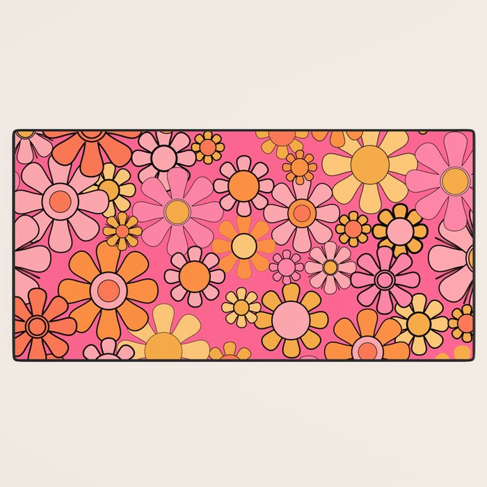 Groovy Retro Floral Garden Pretty Pink 60s 70s Flower Pattern with Yellow and Orange Desk Mat Gallery Image 3