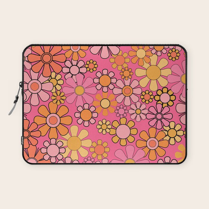 Groovy Retro Floral Garden Pretty Pink 60s 70s Flower Pattern with Yellow and Orange Laptop Sleeve Gallery Image 1