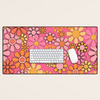 Groovy Retro Floral Garden Pretty Pink 60s 70s Flower Pattern with Yellow and Orange Desk Mat Gallery Image 1