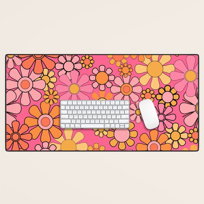 Groovy Retro Floral Garden Pretty Pink 60s 70s Flower Pattern with Yellow and Orange Desk Mat Gallery Image 1