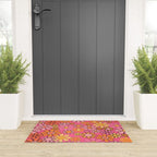 Groovy Retro Floral Garden Pretty Pink 60s 70s Flower Pattern with Yellow and Orange Welcome Mat Gallery Image 3