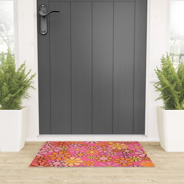 Groovy Retro Floral Garden Pretty Pink 60s 70s Flower Pattern with Yellow and Orange Welcome Mat Gallery Image 3