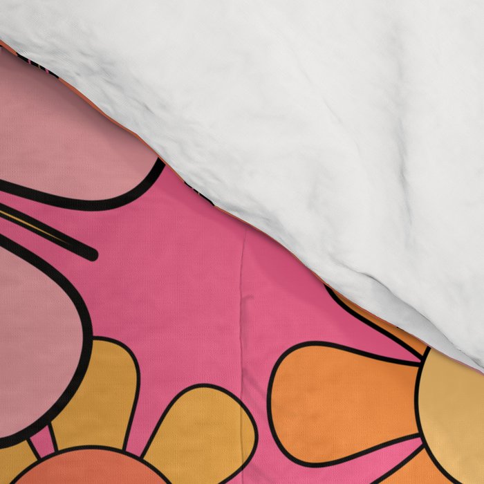 Groovy Retro Floral Garden Pretty Pink 60s 70s Flower Pattern with Yellow and Orange Comforter Gallery Image 4