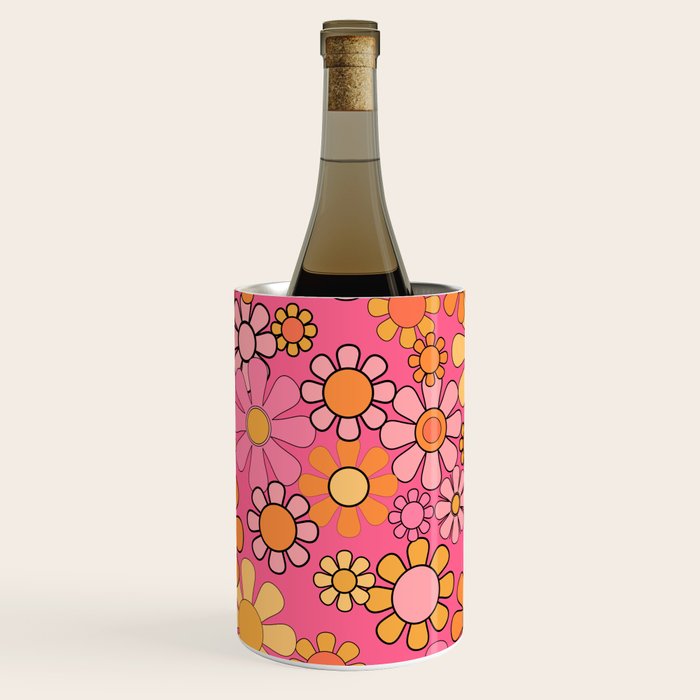 Groovy Retro Floral Garden Pretty Pink 60s 70s Flower Pattern with Yellow and Orange Wine Chiller Gallery Image 1