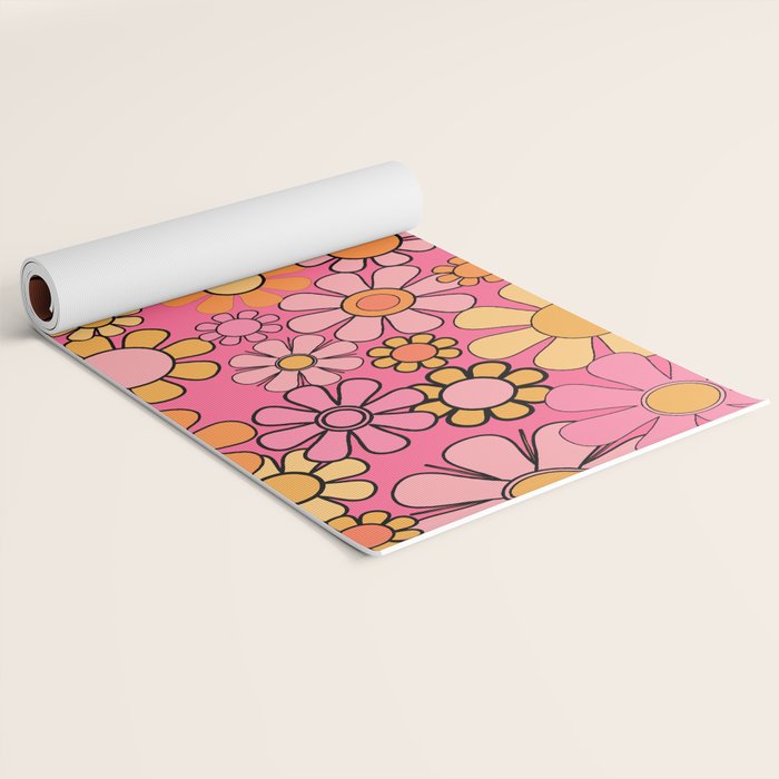 Groovy Retro Floral Garden Pretty Pink 60s 70s Flower Pattern with Yellow and Orange Yoga Mat Gallery Image 2