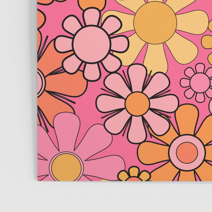 Groovy Retro Floral Garden Pretty Pink 60s 70s Flower Pattern with Yellow and Orange Poster Gallery Image 3