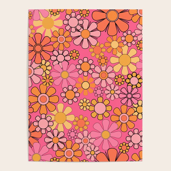 Groovy Retro Floral Garden Pretty Pink 60s 70s Flower Pattern with Yellow and Orange Poster Gallery Image 4