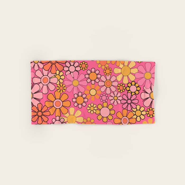 Groovy Retro Floral Garden Pretty Pink 60s 70s Flower Pattern with Yellow and Orange Bath Towel Gallery Image 1