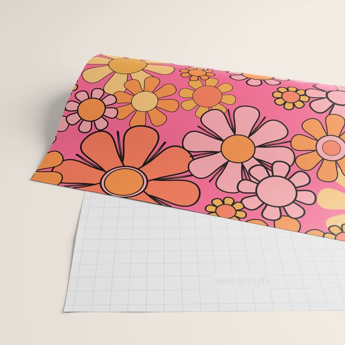 Groovy Retro Floral Garden Pretty Pink 60s 70s Flower Pattern with Yellow and Orange Wrapping Paper Gallery Image 2