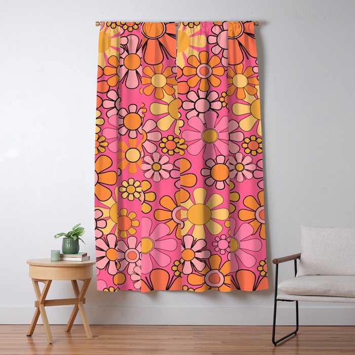 Groovy Retro Floral Garden Pretty Pink 60s 70s Flower Pattern with Yellow and Orange Window Curtain Gallery Image 5