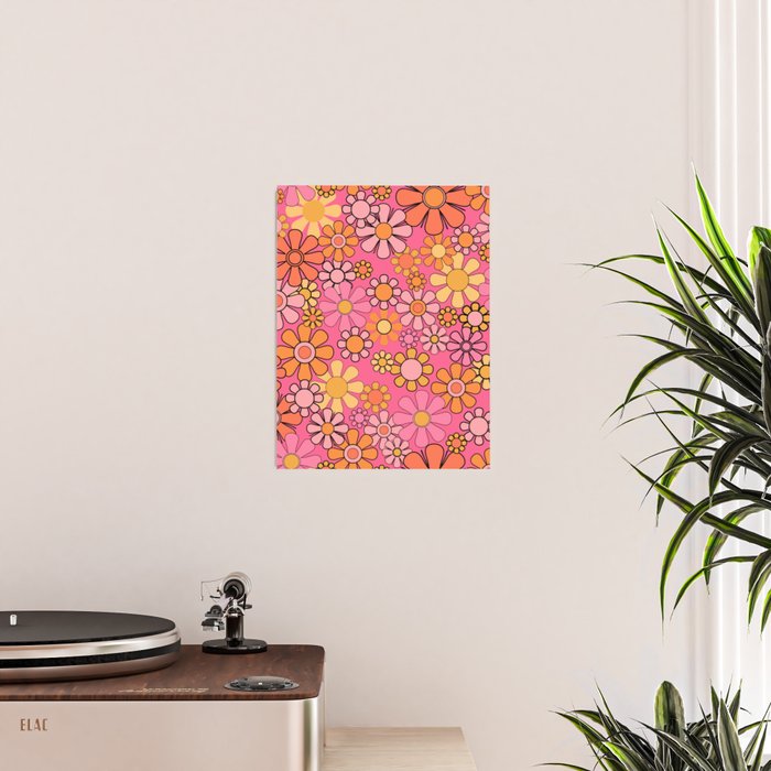 Groovy Retro Floral Garden Pretty Pink 60s 70s Flower Pattern with Yellow and Orange Poster Gallery Image 2