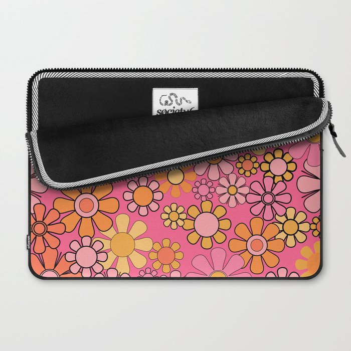 Groovy Retro Floral Garden Pretty Pink 60s 70s Flower Pattern with Yellow and Orange Laptop Sleeve Gallery Image 2