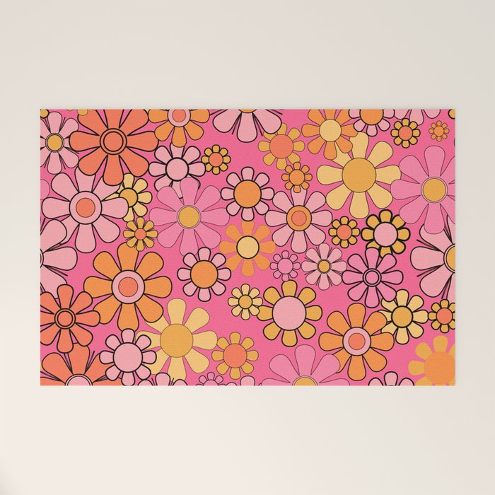 Groovy Retro Floral Garden Pretty Pink 60s 70s Flower Pattern with Yellow and Orange Welcome Mat Gallery Image 1