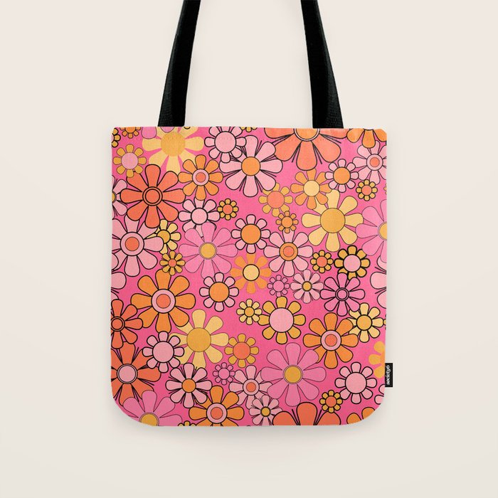 Groovy Retro Floral Garden Pretty Pink 60s 70s Flower Pattern with Yellow and Orange Tote Bag Gallery Image 1