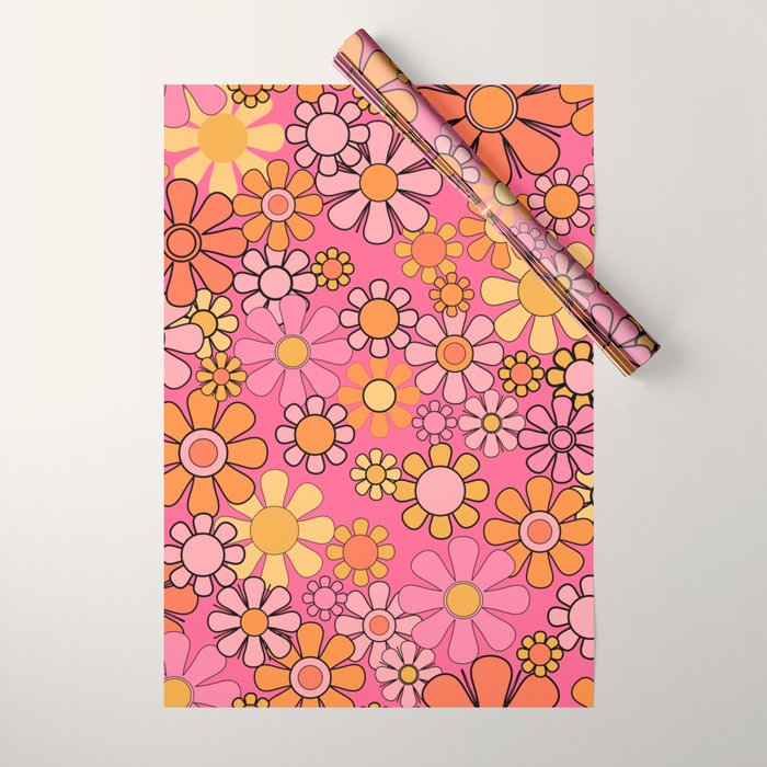 Groovy Retro Floral Garden Pretty Pink 60s 70s Flower Pattern with Yellow and Orange Wrapping Paper Gallery Image 1