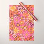 Groovy Retro Floral Garden Pretty Pink 60s 70s Flower Pattern with Yellow and Orange Wrapping Paper Gallery Image 1