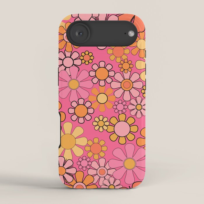 Groovy Retro Floral Garden Pretty Pink 60s 70s Flower Pattern with Yellow and Orange iPhone Case Gallery Image 2