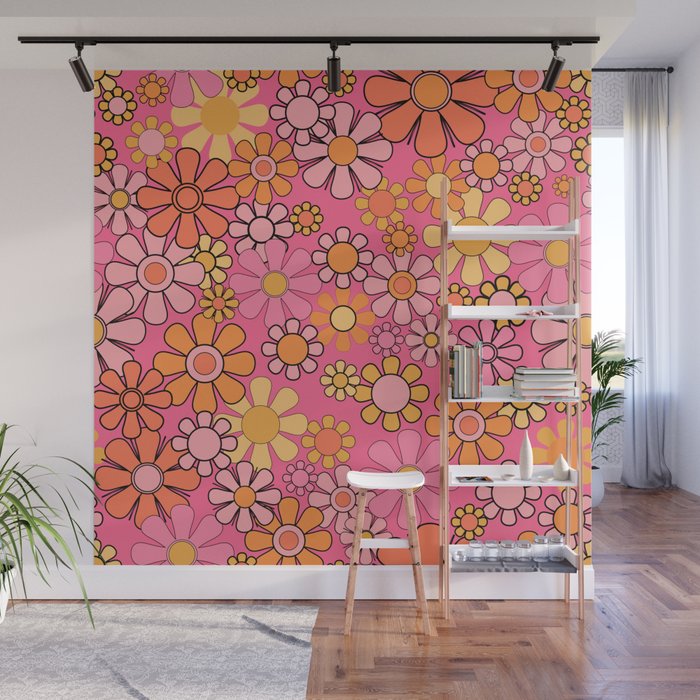 Groovy Retro Floral Garden Pretty Pink 60s 70s Flower Pattern with Yellow and Orange Wall Mural Gallery Image 1