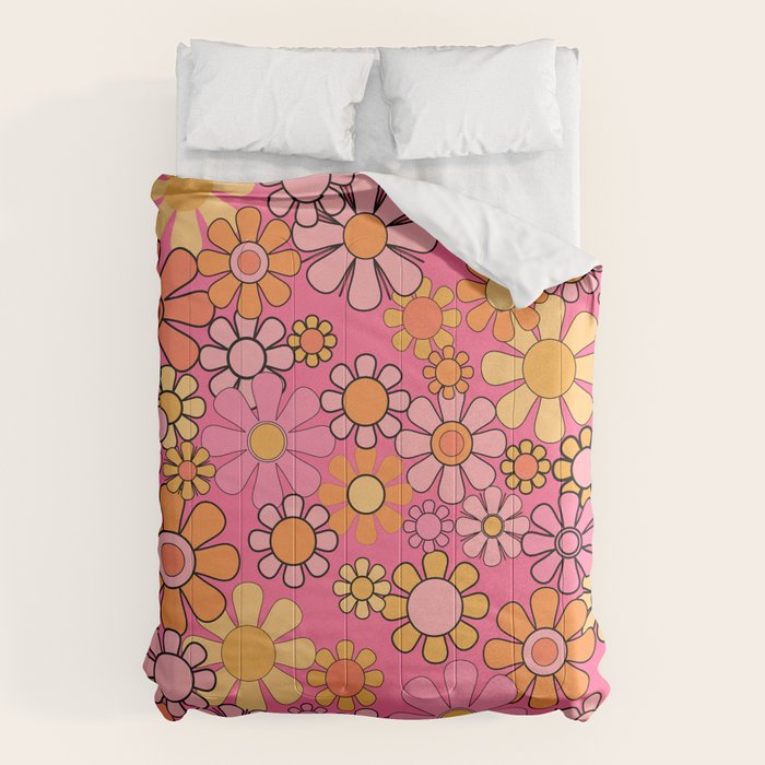 Groovy Retro Floral Garden Pretty Pink 60s 70s Flower Pattern with Yellow and Orange Comforter Gallery Image 1