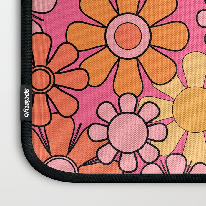 Groovy Retro Floral Garden Pretty Pink 60s 70s Flower Pattern with Yellow and Orange Laptop Sleeve Gallery Image 3