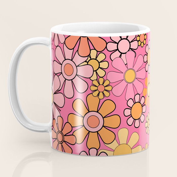 Groovy Retro Floral Garden Pretty Pink 60s 70s Flower Pattern with Yellow and Orange Coffee Mug Gallery Image 3