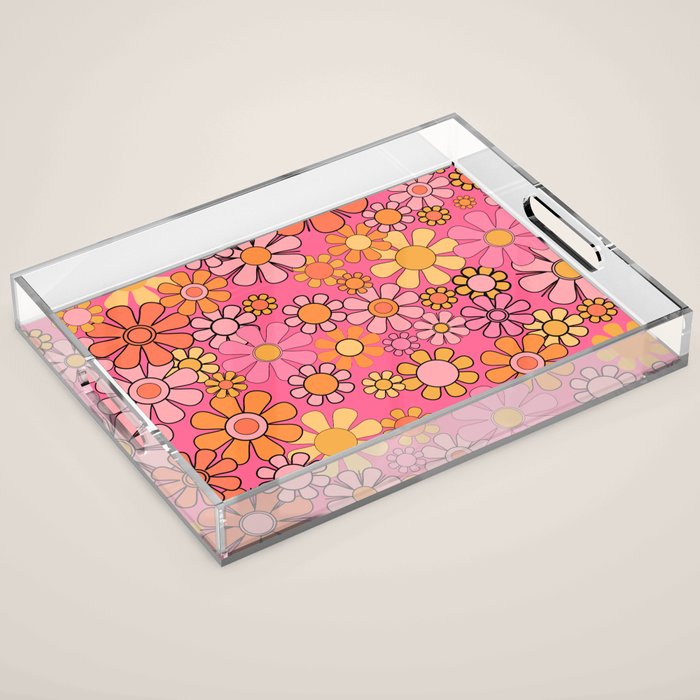 Groovy Retro Floral Garden Pretty Pink 60s 70s Flower Pattern with Yellow and Orange Acrylic Tray Gallery Image 1
