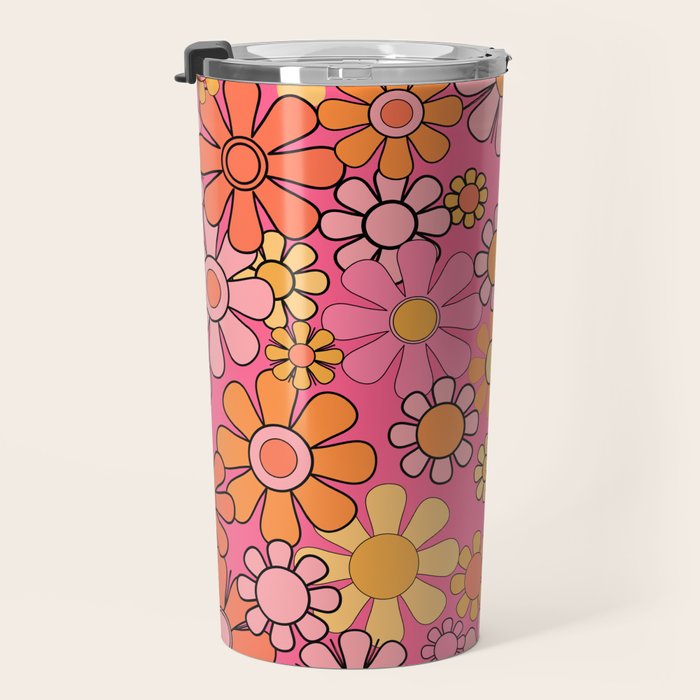 Groovy Retro Floral Garden Pretty Pink 60s 70s Flower Pattern with Yellow and Orange Travel Mug Gallery Image 3