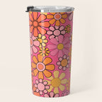 Groovy Retro Floral Garden Pretty Pink 60s 70s Flower Pattern with Yellow and Orange Travel Mug Gallery Image 3