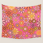 Groovy Retro Floral Garden Pretty Pink 60s 70s Flower Pattern with Yellow and Orange Wall Tapestry Gallery Image 4