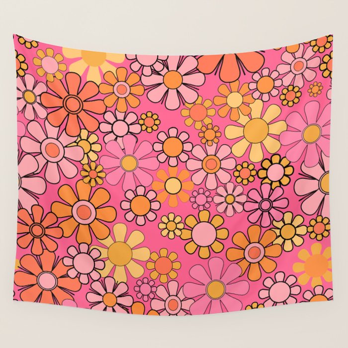 Groovy Retro Floral Garden Pretty Pink 60s 70s Flower Pattern with Yellow and Orange Wall Tapestry Gallery Image 4