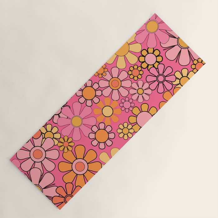 Groovy Retro Floral Garden Pretty Pink 60s 70s Flower Pattern with Yellow and Orange Yoga Mat Gallery Image 1