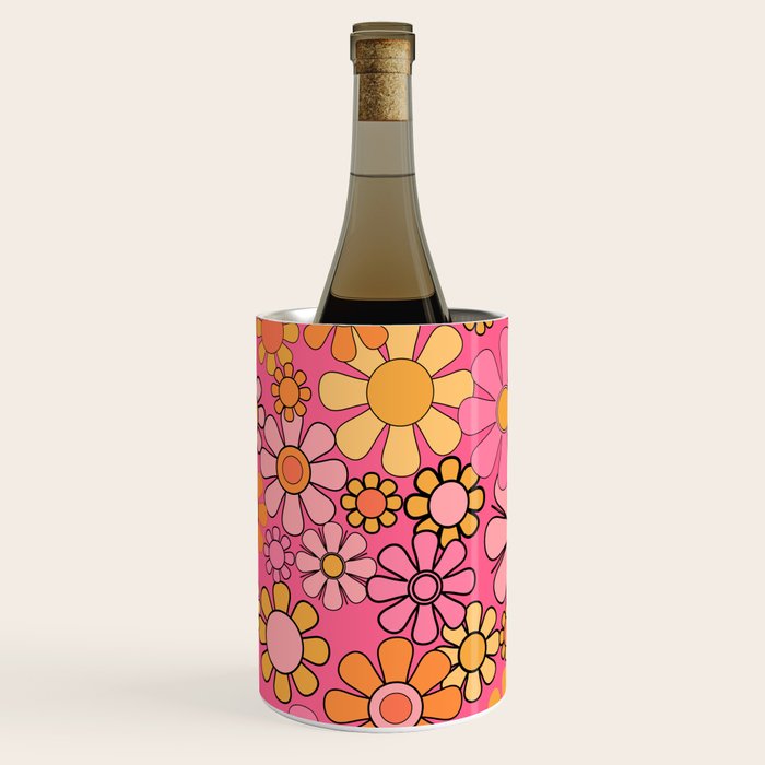 Groovy Retro Floral Garden Pretty Pink 60s 70s Flower Pattern with Yellow and Orange Wine Chiller Gallery Image 3