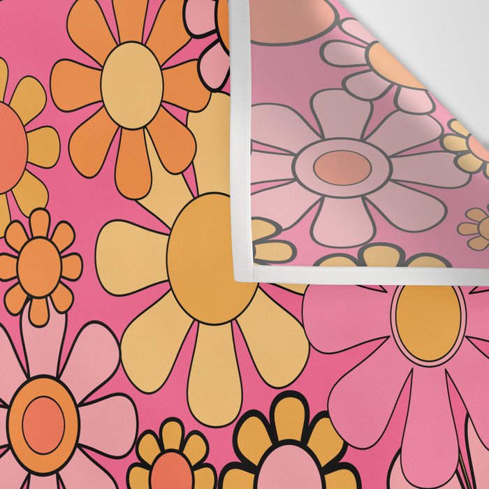 Groovy Retro Floral Garden Pretty Pink 60s 70s Flower Pattern with Yellow and Orange Wall Tapestry Gallery Image 3