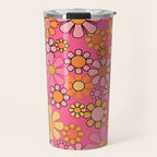 Groovy Retro Floral Garden Pretty Pink 60s 70s Flower Pattern with Yellow and Orange Travel Mug Gallery Image 1