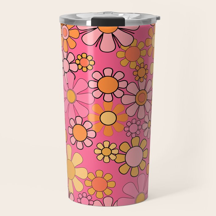 Groovy Retro Floral Garden Pretty Pink 60s 70s Flower Pattern with Yellow and Orange Travel Mug Gallery Image 1
