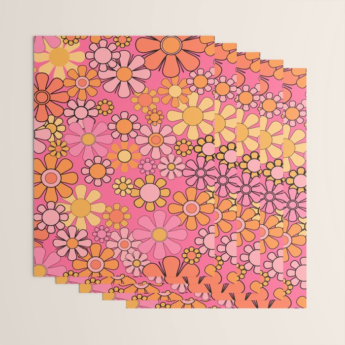 Groovy Retro Floral Garden Pretty Pink 60s 70s Flower Pattern with Yellow and Orange Wrapping Paper Gallery Image 3