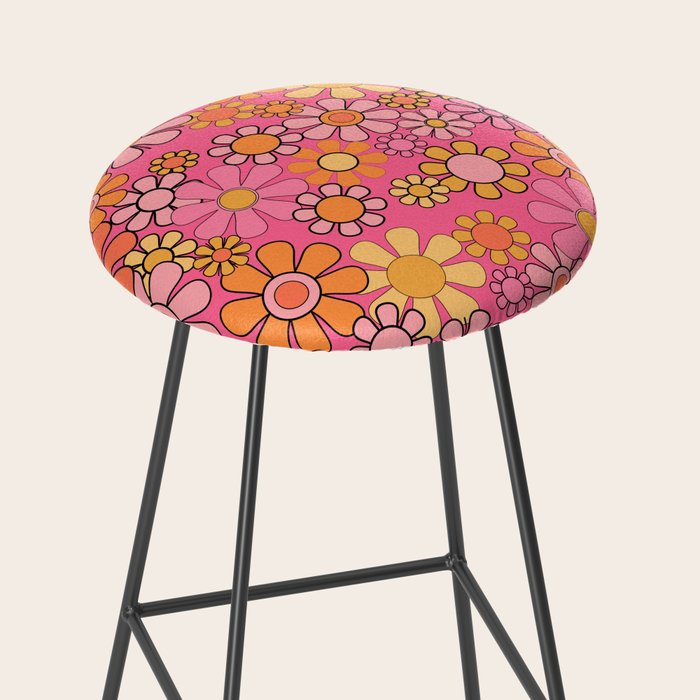 Groovy Retro Floral Garden Pretty Pink 60s 70s Flower Pattern with Yellow and Orange Stool Gallery Image 2