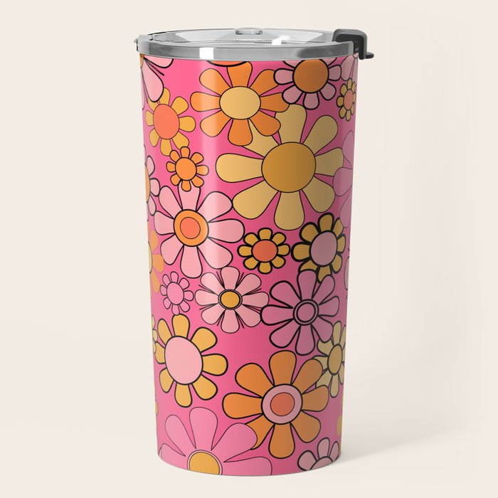 Groovy Retro Floral Garden Pretty Pink 60s 70s Flower Pattern with Yellow and Orange Travel Mug Gallery Image 2