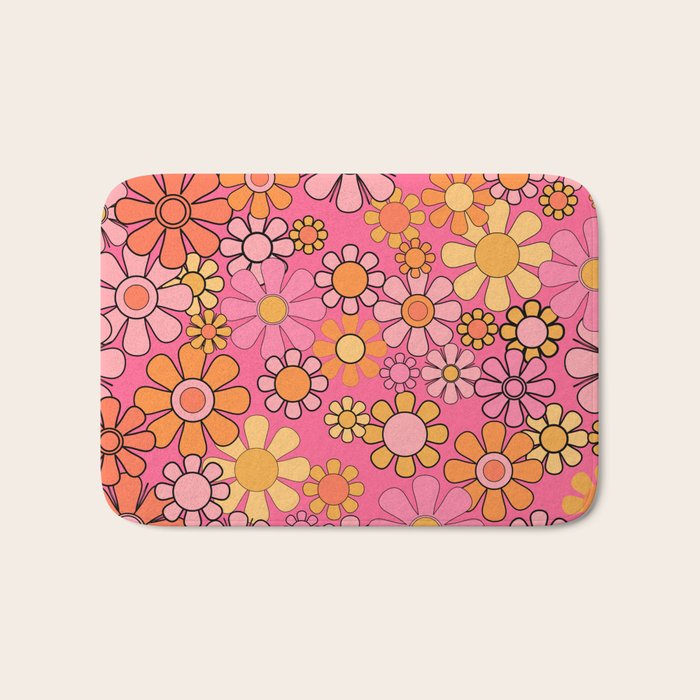 Groovy Retro Floral Garden Pretty Pink 60s 70s Flower Pattern with Yellow and Orange Bath Mat Gallery Image 1