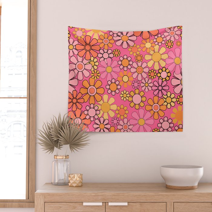 Groovy Retro Floral Garden Pretty Pink 60s 70s Flower Pattern with Yellow and Orange Wall Tapestry Gallery Image 2