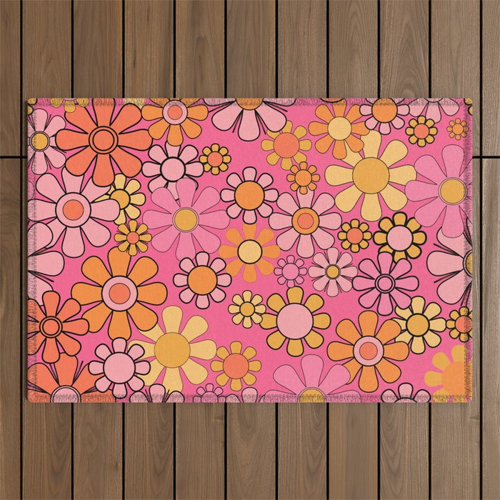 Groovy Retro Floral Garden Pretty Pink 60s 70s Flower Pattern with Yellow and Orange Outdoor Rug Gallery Image 1