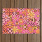 Groovy Retro Floral Garden Pretty Pink 60s 70s Flower Pattern with Yellow and Orange Outdoor Rug Gallery Image 1