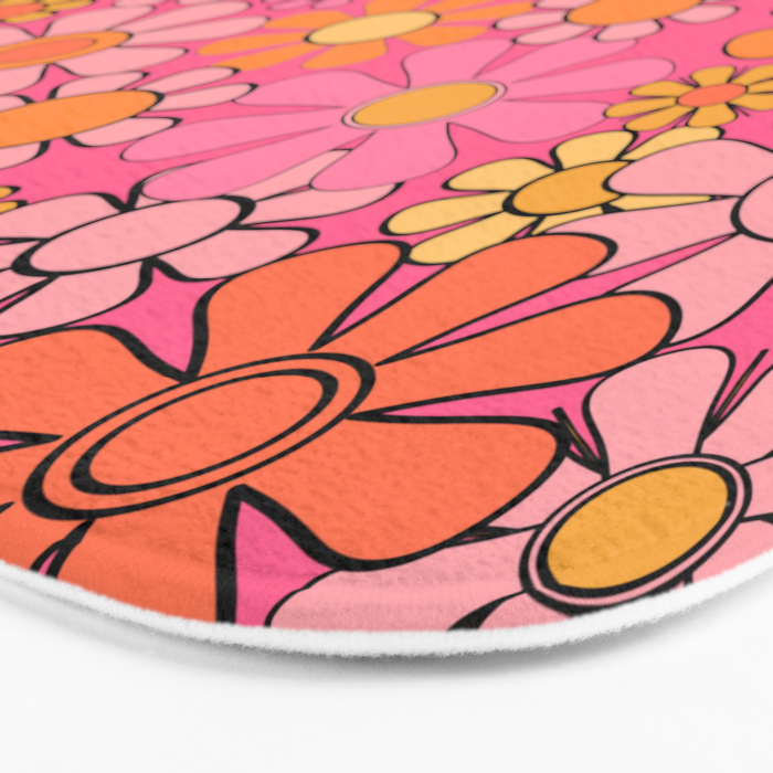 Groovy Retro Floral Garden Pretty Pink 60s 70s Flower Pattern with Yellow and Orange Bath Mat Gallery Image 3