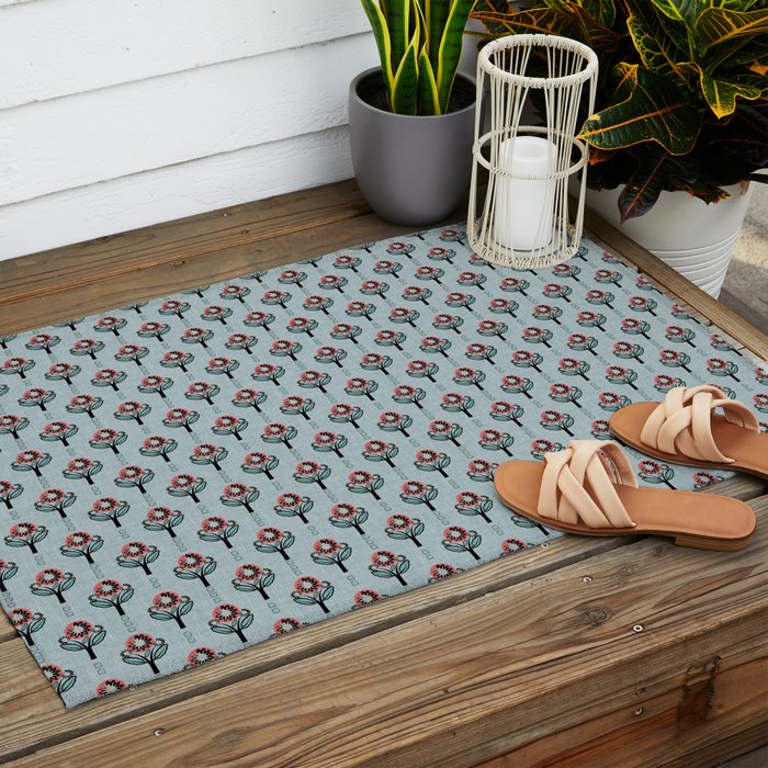Blockprint Blooms on light blue Outdoor Rug Gallery Image 2