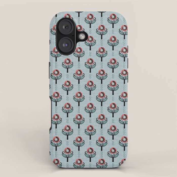 Blockprint Blooms on light blue iPhone Case Gallery Image 1