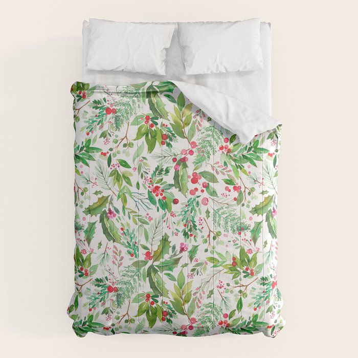 Holiday Christmas Winter Nature Botanical Leaves Green Comforter Gallery Image 1