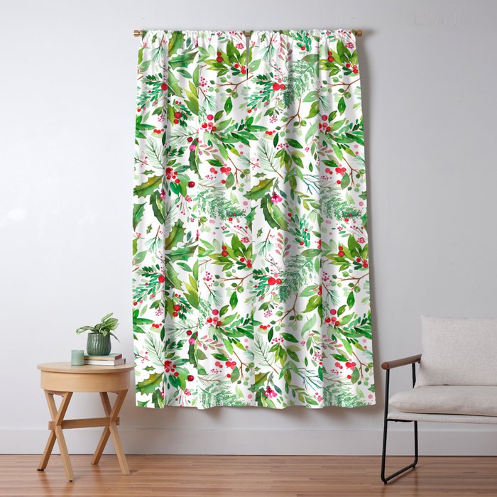 Holiday Christmas Winter Nature Botanical Leaves Green Window Curtain Gallery Image 1